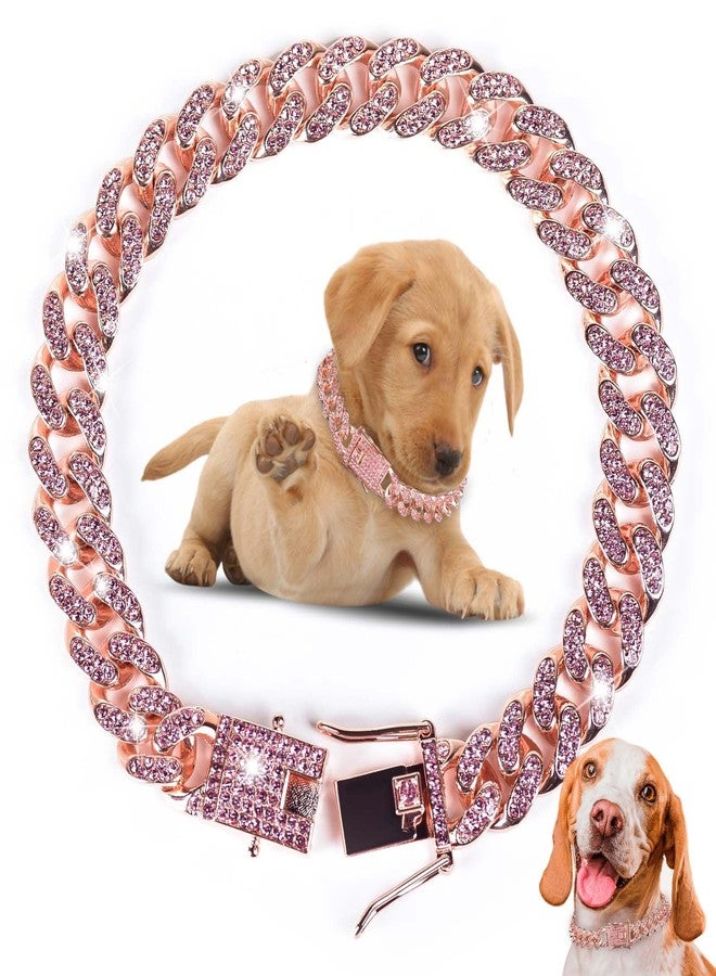 AccEncyc Dog Chain Collar Diamond Link Dog Collar Walking Dog Necklace Metal Cat Chain with Secure Buckle Pet Crystal Collar for Small Medium Large Dogs Cats (Pink, 10 Inch) - Image 1